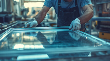 Worker Inspecting a Large Glass Panel in a Factory