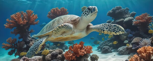 Green sea turtle gracefully glides over vibrant coral reef, azure water backdrop,  ocean,  ecology
