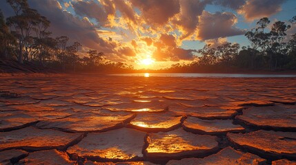 Fototapeta na wymiar Sunset over cracked earth with drought. (2)