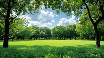 Obraz premium Lush Green Park Scene With Towering Trees Against Blue Sky And Sunlight