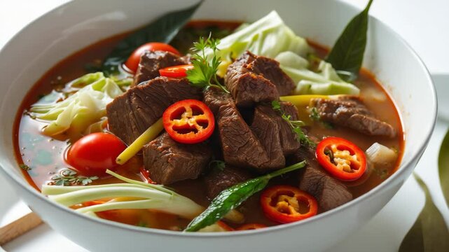 Without beef tongseng, a rich, soupy dish with spicy stew, vegetables, and sweet soy sauce. Displayed in a white bowl. Close Up.