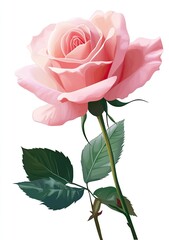 Delicate pink rose with lush petals and green leaves