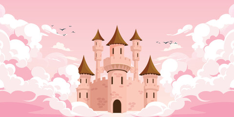 Fototapeta premium Pink castle in clouds. Cartoon magic flying fairy palace for princess. Kingdom home tower in clouds on land in sky. 