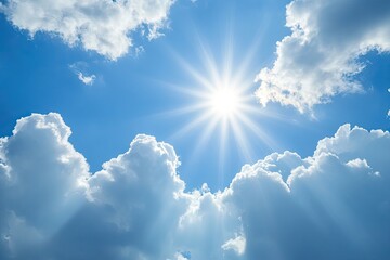 Bright sun shining through fluffy clouds