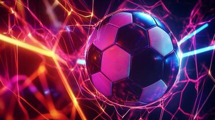 Naklejka premium Abstract glowing soccer ball with dynamic energy lines and vibrant lighting