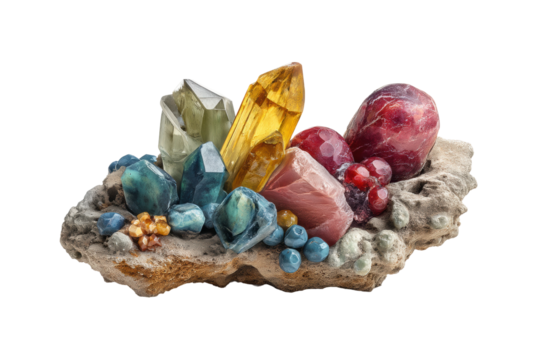 PNG Colorful crystal cluster on rock: gemstones, minerals, and vibrant jewels