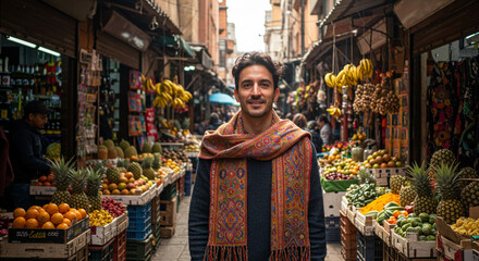 Cheerful tourist man in Middle Eastern market street enjoying colorful foods fruits and souvenirs for cultural immersion and travel experience in the old city
