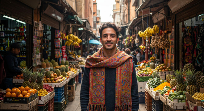 Cheerful tourist man in Middle Eastern market street enjoying colorful foods fruits and souvenirs for cultural immersion and travel experience in the old city