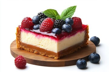 slice of berry cheesecake with fresh raspberries, blackberries, and blueberries garnished with green mint leaves on wooden board