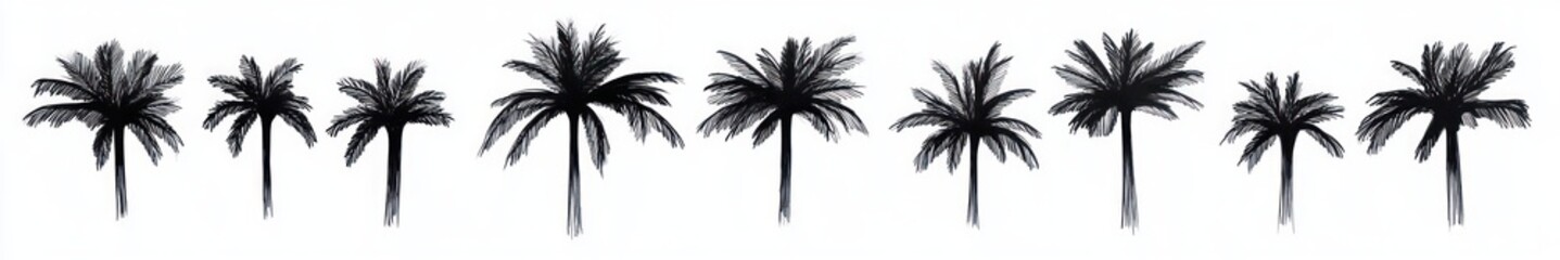 Obraz premium silhouettes of nine tall palm trees with spread fronds in a horizontal row against a white background conveying a calm tropical vibe
