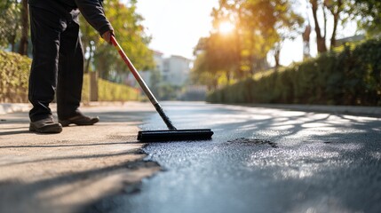 Road Construction Worker Applying Asphalt Sealant Smoothly Spreading New Blacktop Surface Repairing Street Infrastructure Maintenance Project Sunny   