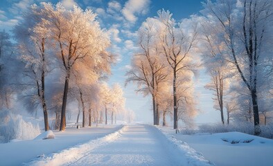 Obraz premium Winter scene of a snow-covered pathway lined with frost-covered trees bathed in warm golden sunlight under a partly cloudy blue sky