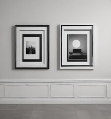 Elegant white & black gallery frames hanging on wall, shadow detail,  black background,  mockup