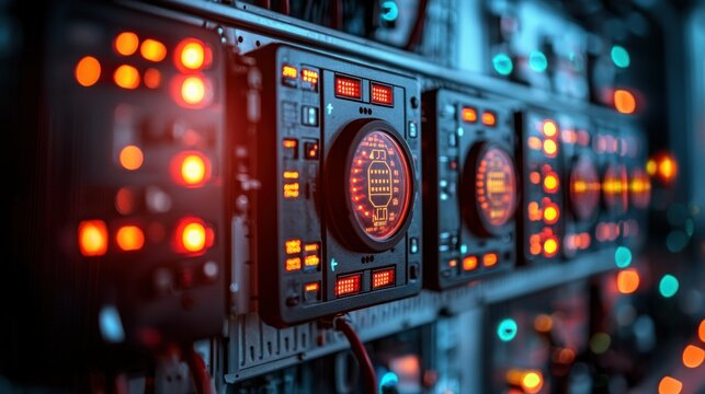 Control panel with lit displays and many glowing lights