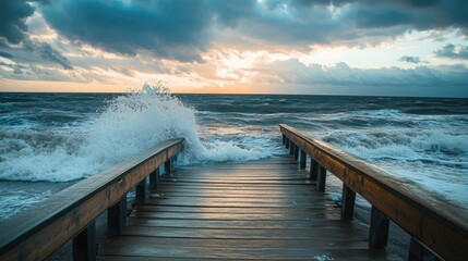 Wooden pier extends into stormy sea, waves crashing on sides under overcast sky. Horizon meets choppy water in dramatic coastal view. Generative by AI