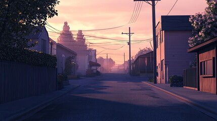Fototapeta premium Empty street in small town at twilight with vintage buildings, glowing streetlights, and bare trees. Sky is tinged with purple and orange hues, evoking calm and solitude. Generative by AI