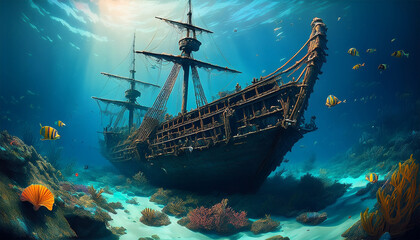 Fototapeta premium historical sinking pirate ship underwater wreck shipwreck marine life skeleton