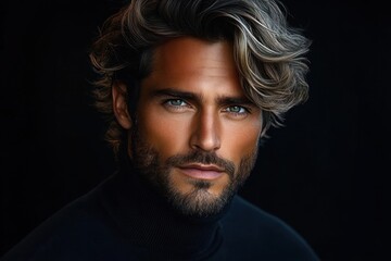Obraz premium Close-up portrait of a confident man with tousled sandy blond hair and beard, piercing blue eyes, wearing a black turtleneck sweater against a dark background