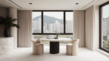 Fototapeta premium Modern minimalist interior design featuring a view of cityscape.