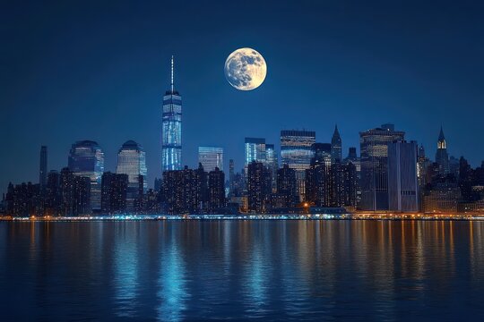 Nighttime city skyline illuminated with skyscrapers reflecting on calm water under a bright full moon glowing in clear dark sky