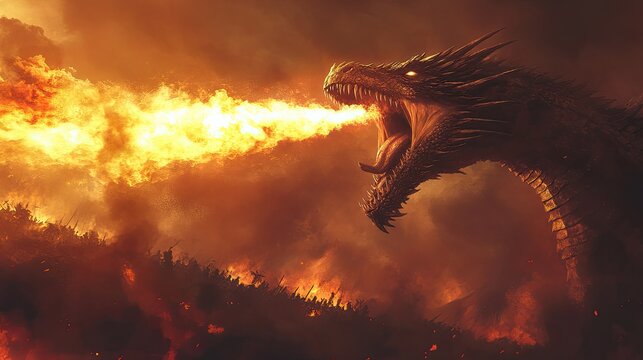 Giant dragon breathes fire across battlefield, wings spread wide over burning landscape. Flames engulf the ground as smoke rises into dark, stormy sky. Generative by AI