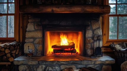 Stone fireplace with burning logs glows warmly in rustic wooden cabin interior. Cozy furniture, warm lighting, and snow outside create a serene and inviting winter retreat. Generative by AI