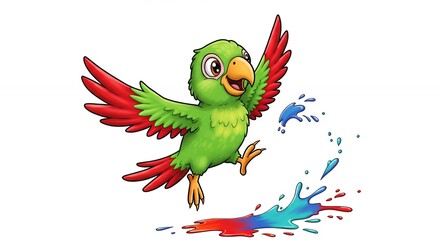 Cartoon parrot in flight with paint splatters