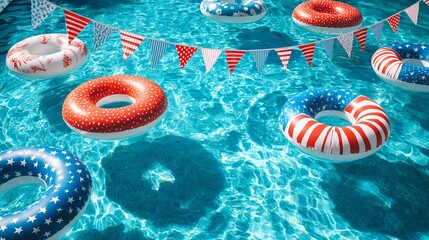 Patriotic Summer Pool Party Fun Inflatable Rings Festive Decorations Red White Blue Stars Stripes Design Summertime Relaxation Vacation Holiday       