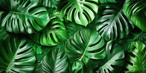 Green Monstera Deliciosa Leaves Offers Tropical Wallpaper Design And Floral Arrangement