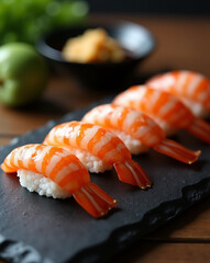 Shrimp Nigiri in Soft Focus on Slate Board – Candid Warmly Lit Sushi Composition