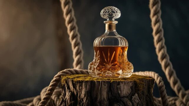 Whiskey-filled glass in a snifter and a rope on a rustic stump with a subdued background.