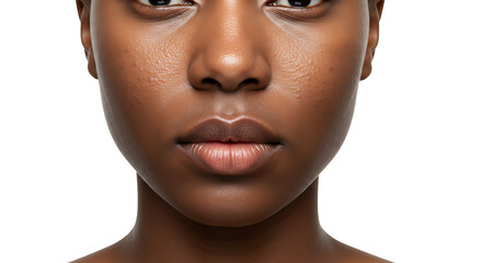 Close up of a young black woman's face with spots