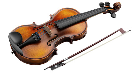 Fototapeta premium Classic wooden violin and matching bow isolated on transparent background. 