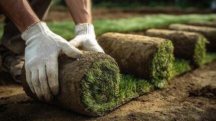 Sod Installation: Hands Placing Rolls of Turf Grass on Soil