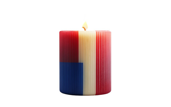 Close-up of a decorative candle featuring a French flag design with intricate wax text, perfect for a patriotic celebration isolated on white background PNG - Powered by Adobe