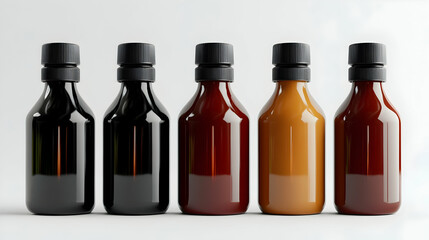 Five sauce bottles, studio shot, white background, food packaging design