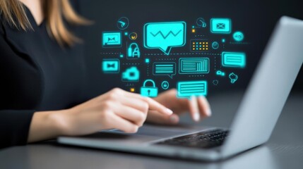 Woman Uses Laptop with Message Icons and Internet Technology Concept Theme