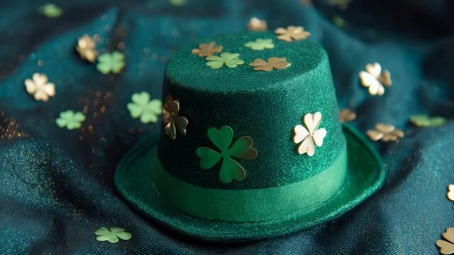 Festive green felt hat decorated with shiny gold and green clovers resting on a matching fabric surface scattered with glitter and shamrock confetti