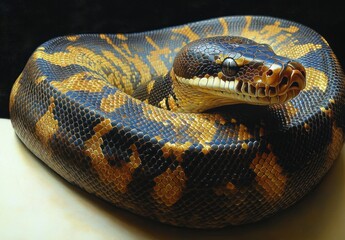 Obraz premium Close-up of a coiled snake with smooth, shiny scales in a pattern of dark and golden yellow hues against a dark background