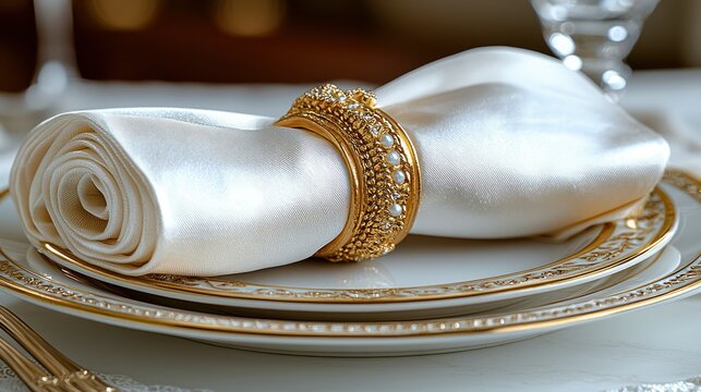 Elegant table setting with golden accents and silk napkin