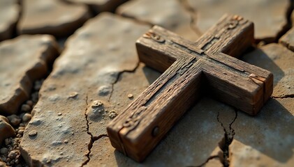 Close-up of a worn, wooden cross resting on weathered, cracked earth , macro, weathered
