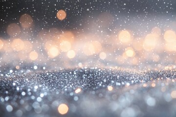 Close-up of sparkling glitter particles with soft glowing warm bokeh lights in the background, creating a dreamy and magical atmosphere