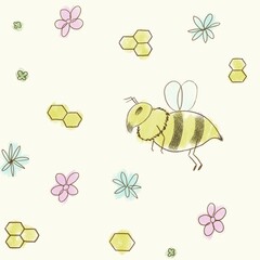 Seamless bee pattern with flowers and honeycomb on light background. Cute hand-drawn childish style