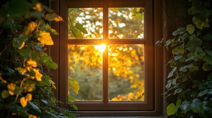 Golden sunset through a rustic window framed by vibrant foliage