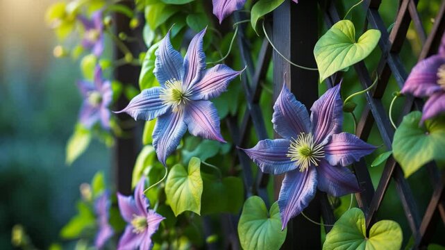 Clematis ascending in bluish purple.