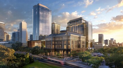 Fototapeta premium Modern and historic architecture meet in a vibrant city skyline. A futuristic high-rise contrasts with a renovated historic building