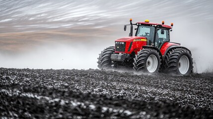 Fototapeta premium Tractor plowing snowy field.