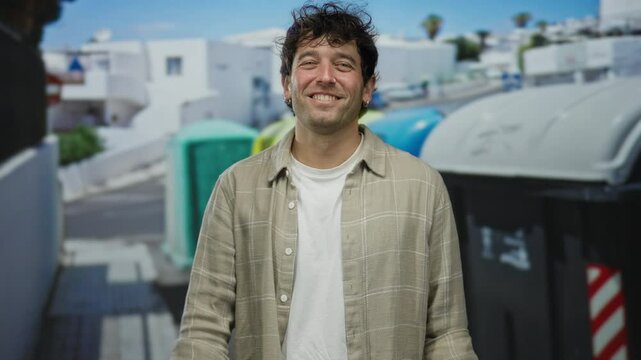 Smiling hispanic man extends fist towards camera in an outdoor street setting surrounded by urban architecture and recycling bins under a clear blue sky.