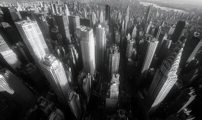 A dramatic black and white aerial view of a dense city skyline filled with tall skyscrapers casting long shadows, evoking a sense of urban grandeur and vastness