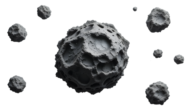 Asteroid Field in Space. Cosmic Rocks Celestial Bodies Grey Stones Universe Exploration on transparent background